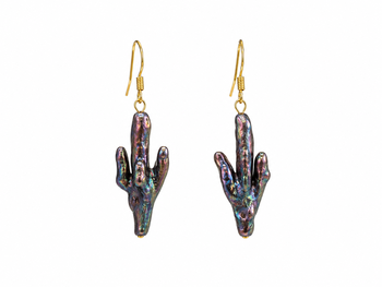 Baroque pearl necklace and earring set, dark iridescent multi-strand necklace, cactus-shaped earrings. 4