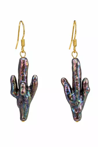 Baroque pearl necklace and earring set, dark iridescent multi-strand necklace, cactus-shaped earrings.
