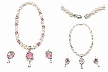 Pearl & pink stone necklace & earrings jewellery set teardrop pendant, cz accents, magnetic clasp, bridal wear. 4