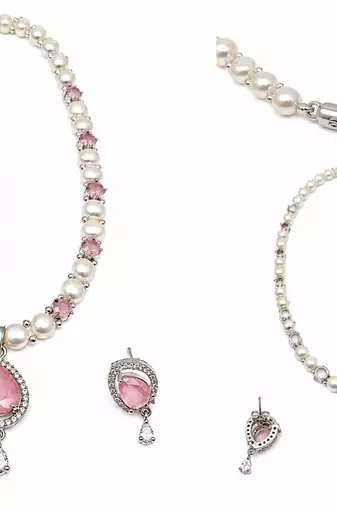 Pearl & pink stone necklace & earrings jewellery set teardrop pendant, cz accents, magnetic clasp, bridal wear.
