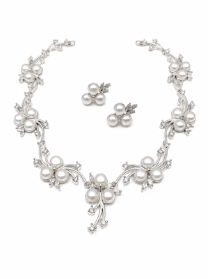 Pearl & cz floral necklace & earrings jewellery set silver-tone finish, bridal wear, cluster pearl design. 3