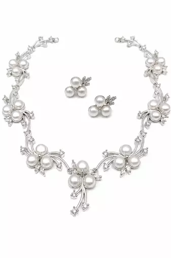 Pearl & cz floral necklace & earrings jewellery set silver-tone finish, bridal wear, cluster pearl design.