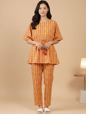 Floral Printed V-Neck Pure Cotton Kaftan Kurta With Trouser 1