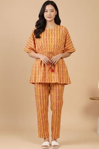 Floral Printed V-Neck Pure Cotton Kaftan Kurta With Trouser