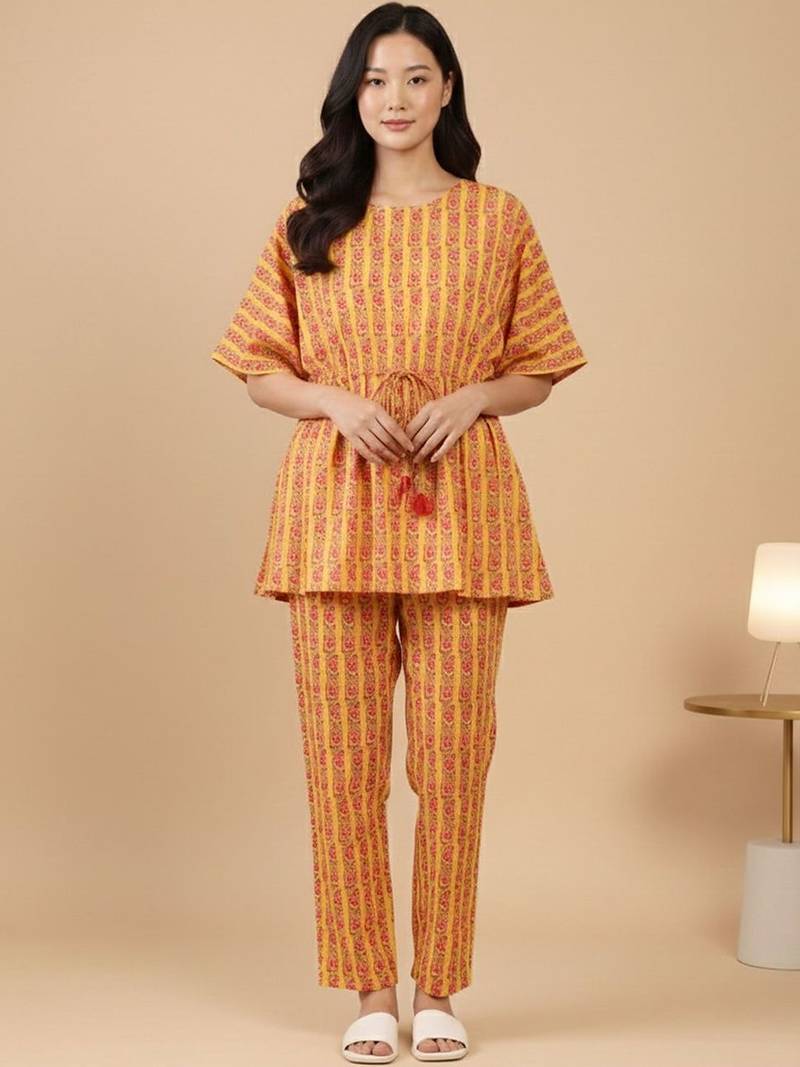 Floral Printed V-Neck Pure Cotton Kaftan Kurta With Trouser