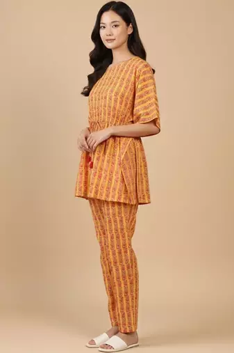 Floral Printed V-Neck Pure Cotton Kaftan Kurta With Trouser