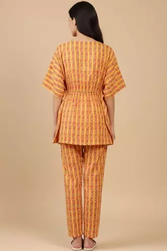 Floral Printed V-Neck Pure Cotton Kaftan Kurta With Trouser