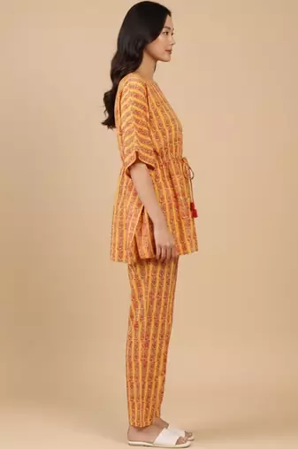 Floral Printed V-Neck Pure Cotton Kaftan Kurta With Trouser