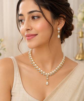 Pearl & cz stone necklace & earrings jewellery set, gold tone , cubic zirconia accents, necklace with earrings. 1