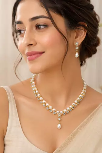 Pearl & cz stone necklace & earrings jewellery set, gold tone , cubic zirconia accents, necklace with earrings.