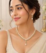 Pearl & cz stone necklace & earrings jewellery set, gold tone , cubic zirconia accents, necklace with earrings.