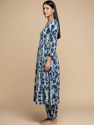 Women Abstract Dyed Empire A-Line Calf Length Kurta Set 2