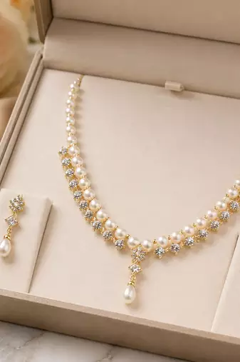 Pearl & cz stone necklace & earrings jewellery set, gold tone , cubic zirconia accents, necklace with earrings.