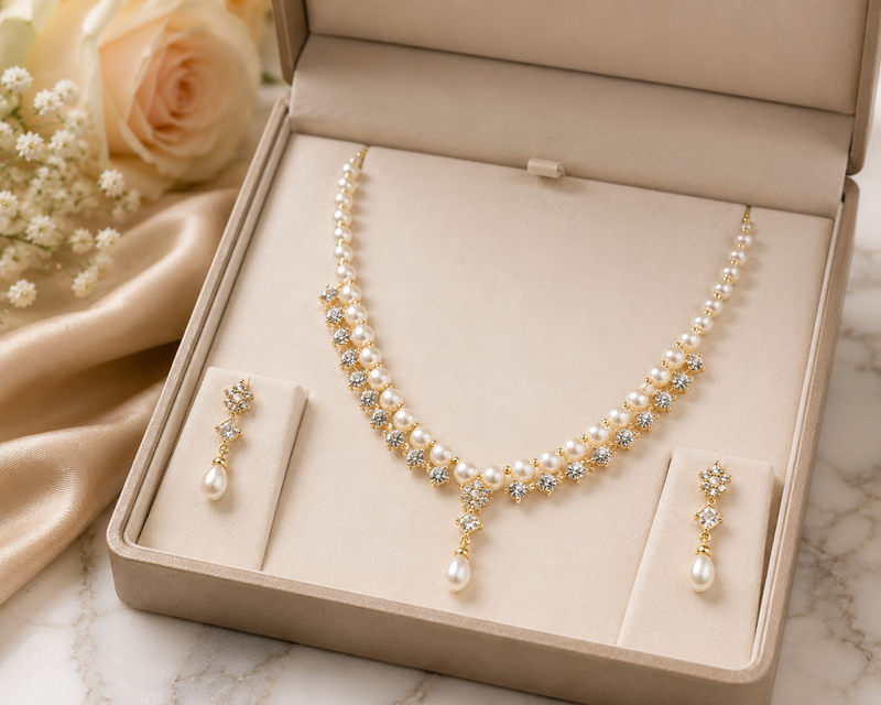 Pearl & cz stone necklace & earrings jewellery set, gold tone , cubic zirconia accents, necklace with earrings.