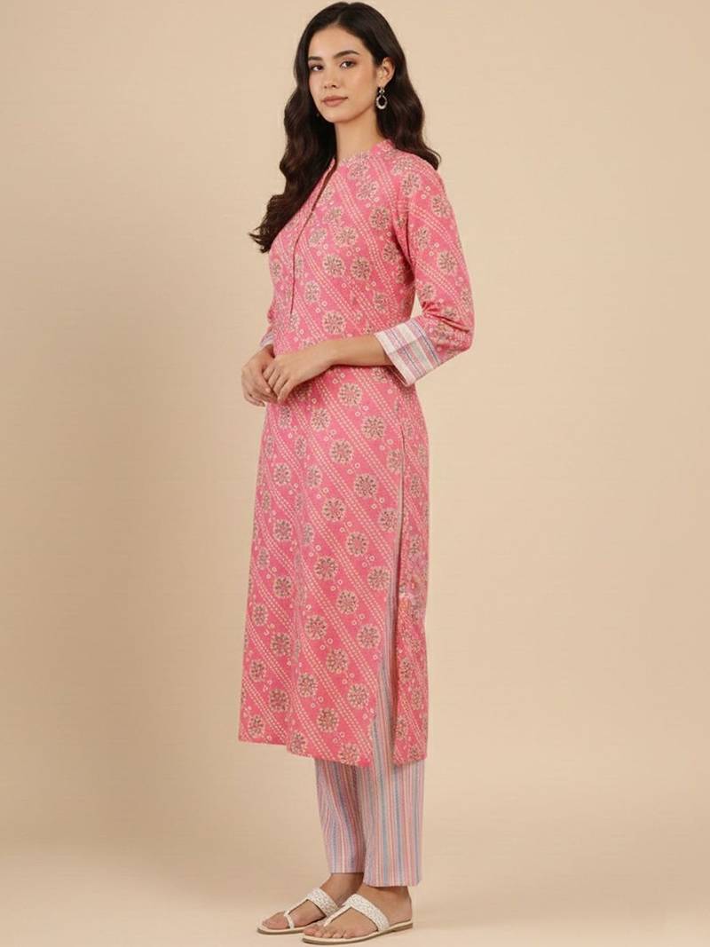 Bandhani Printed Mandarin Collar Straight Kurta With Trouser