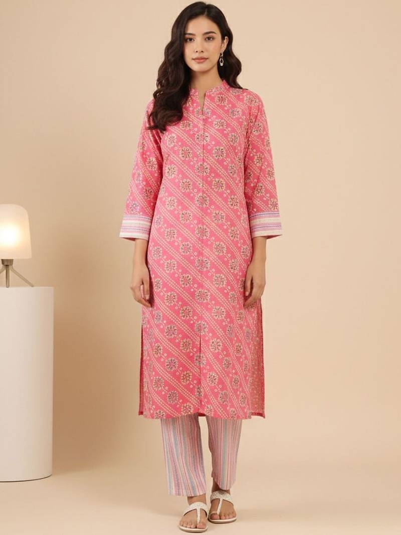 Bandhani Printed Mandarin Collar Straight Kurta With Trouser