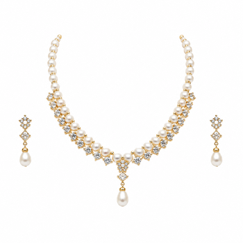 Pearl & cz stone necklace & earrings jewellery set, gold tone , cubic zirconia accents, necklace with earrings. 3
