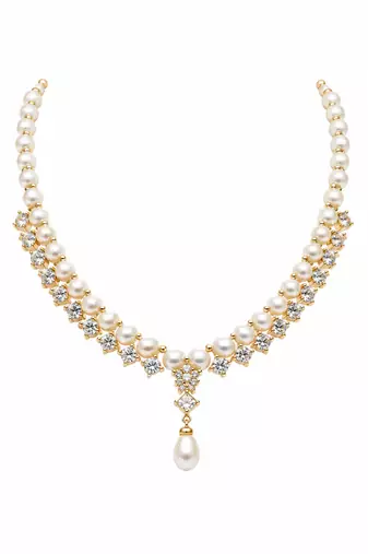 Pearl & cz stone necklace & earrings jewellery set, gold tone , cubic zirconia accents, necklace with earrings.