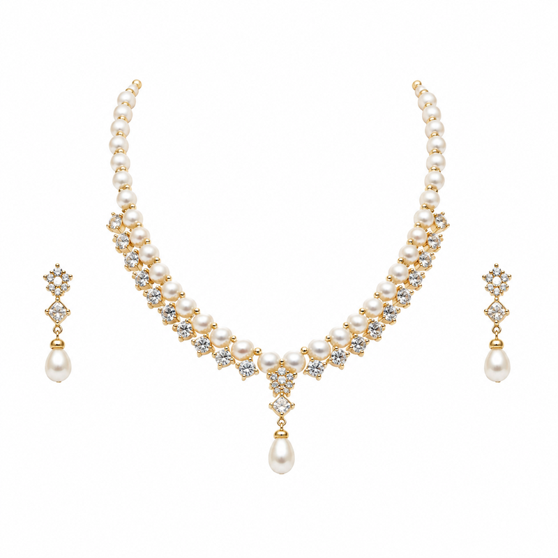 Pearl & cz stone necklace & earrings jewellery set, gold tone , cubic zirconia accents, necklace with earrings.