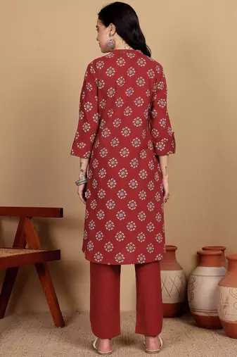 Women Cotton Blend Ethnic Motifs Printed Regular Kurta Set With Trousers