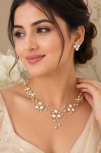 Pearl & cz floral necklace & earrings jewellery set, gold tone