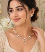 Pearl & cz floral necklace & earrings jewellery set, gold tone