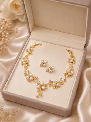 Pearl & cz floral necklace & earrings jewellery set, gold tone 2