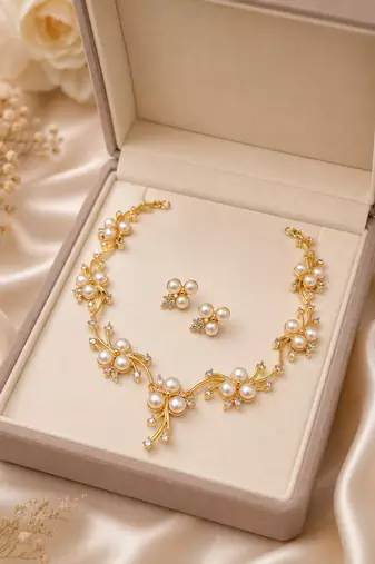 Pearl & cz floral necklace & earrings jewellery set, gold tone