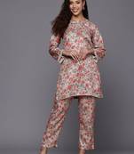 Grey Floral Printed Mandarin Collar Straight Kurta With Trousers