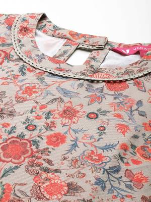 Grey Floral Printed Mandarin Collar Straight Kurta With Trousers 5
