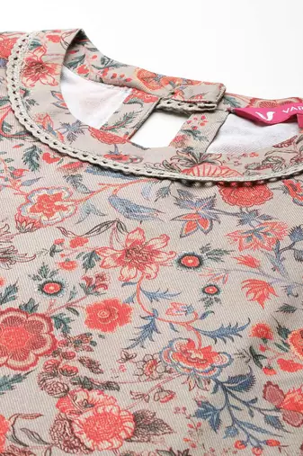Grey Floral Printed Mandarin Collar Straight Kurta With Trousers