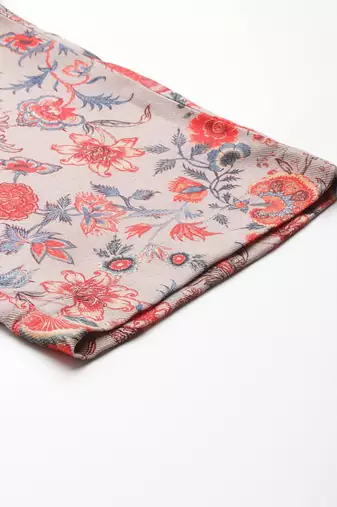 Grey Floral Printed Mandarin Collar Straight Kurta With Trousers