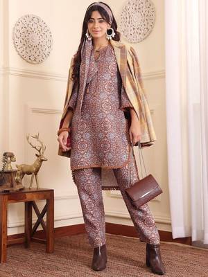 Brown Floral Printed Tie Up Neck High Low Kurta With Trousers 1