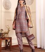 Brown Floral Printed Tie Up Neck High Low Kurta With Trousers