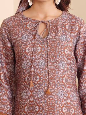 Brown Floral Printed Tie Up Neck High Low Kurta With Trousers 2