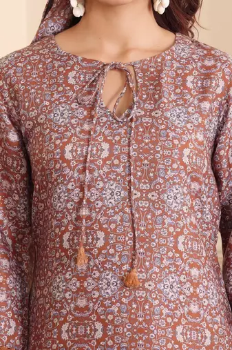 Brown Floral Printed Tie Up Neck High Low Kurta With Trousers