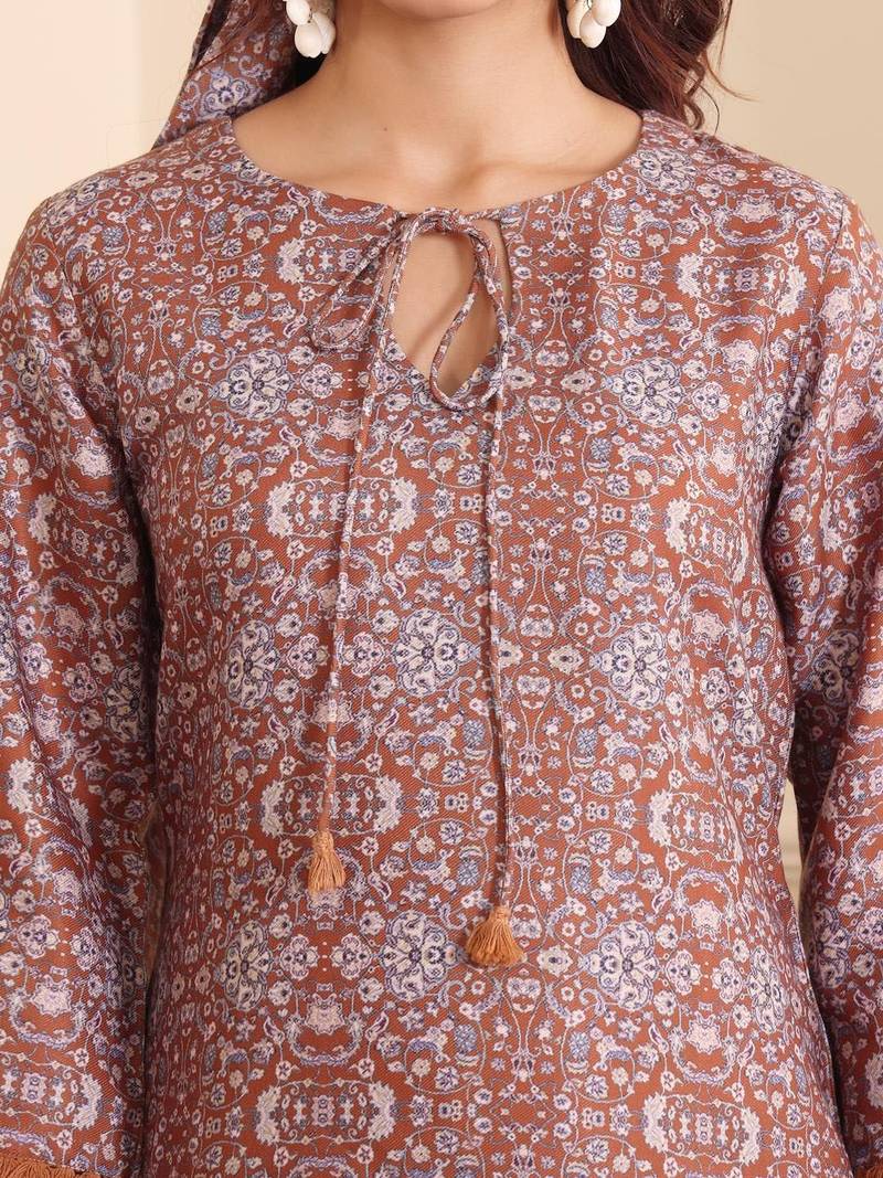 Brown Floral Printed Tie Up Neck High Low Kurta With Trousers