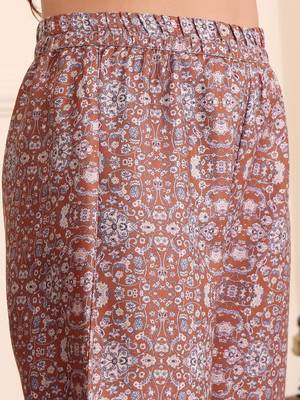 Brown Floral Printed Tie Up Neck High Low Kurta With Trousers 3