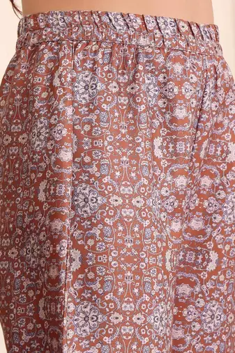 Brown Floral Printed Tie Up Neck High Low Kurta With Trousers