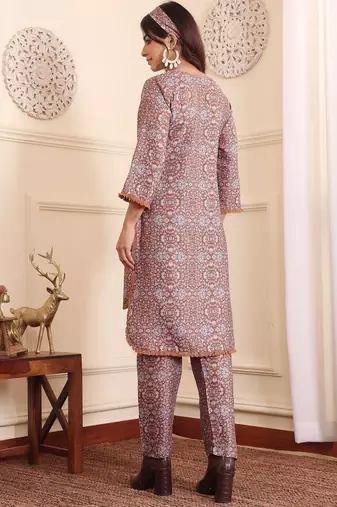Brown Floral Printed Tie Up Neck High Low Kurta With Trousers