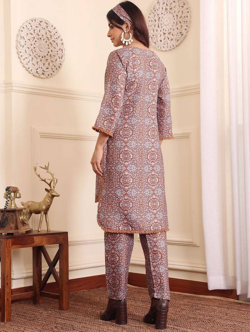 Brown Floral Printed Tie Up Neck High Low Kurta With Trousers