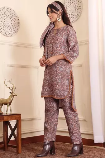 Brown Floral Printed Tie Up Neck High Low Kurta With Trousers