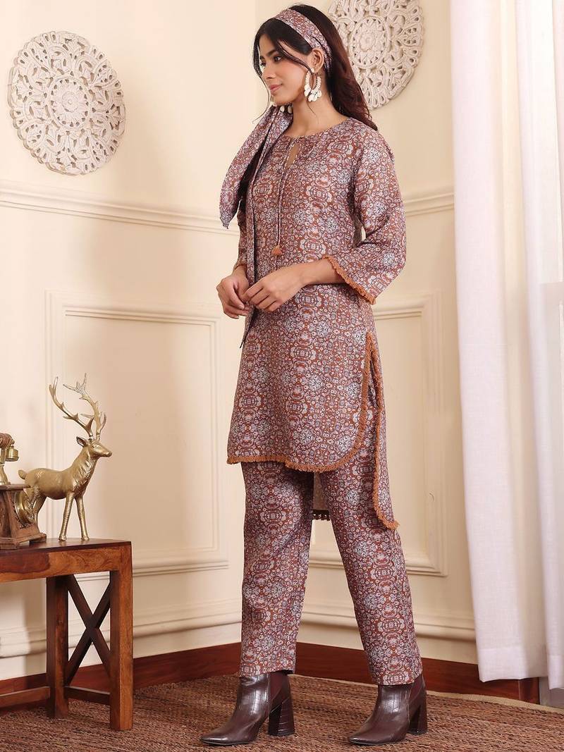 Brown Floral Printed Tie Up Neck High Low Kurta With Trousers