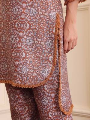 Brown Floral Printed Tie Up Neck High Low Kurta With Trousers 6