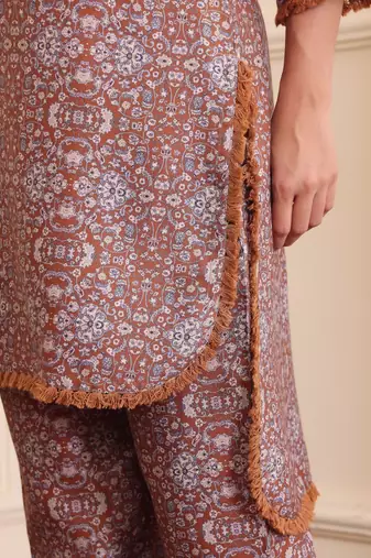 Brown Floral Printed Tie Up Neck High Low Kurta With Trousers