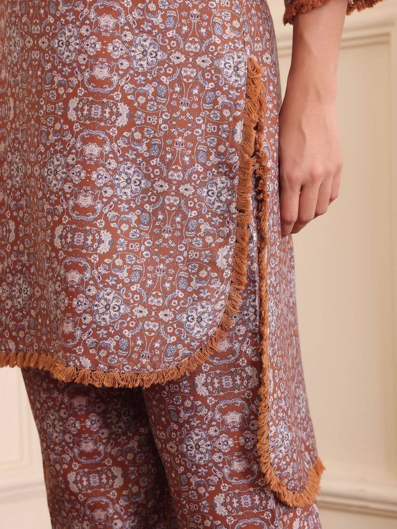 Brown Floral Printed Tie Up Neck High Low Kurta With Trousers