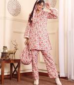Off White Floral Printed V-Neck Flared Sleeves Straight Kurta With Trousers