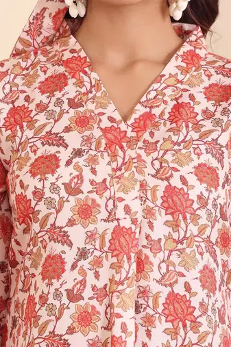 Off White Floral Printed V-Neck Flared Sleeves Straight Kurta With Trousers