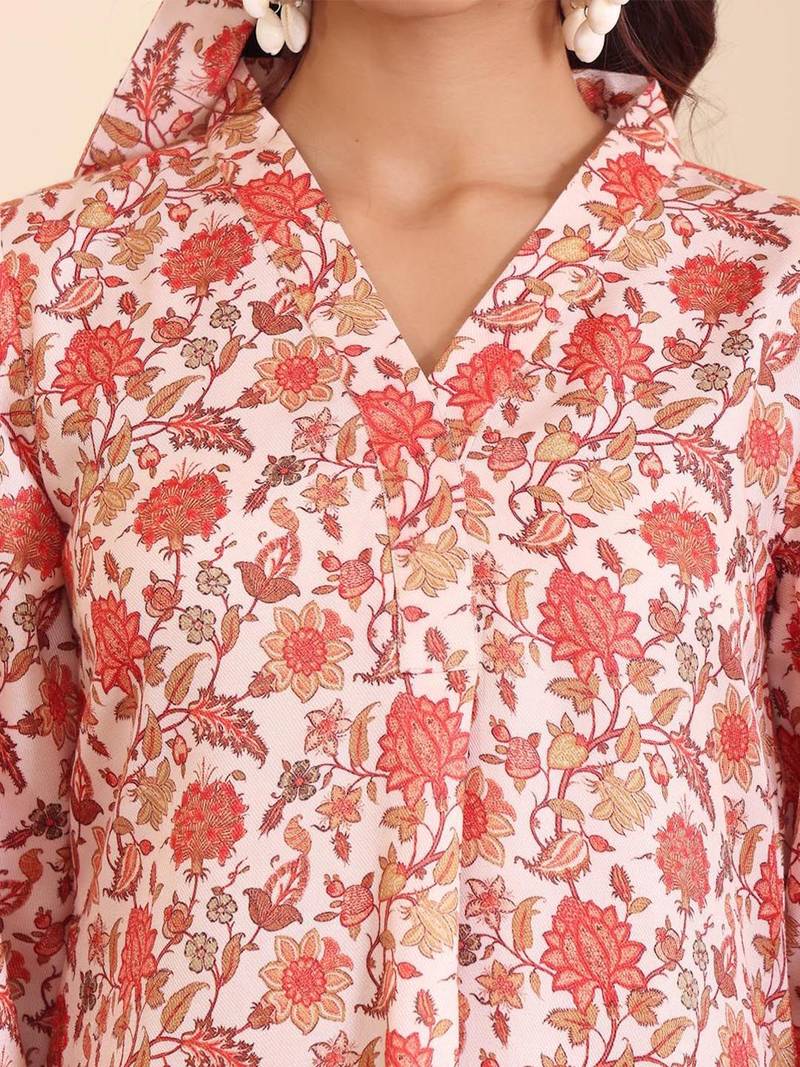 Off White Floral Printed V-Neck Flared Sleeves Straight Kurta With Trousers