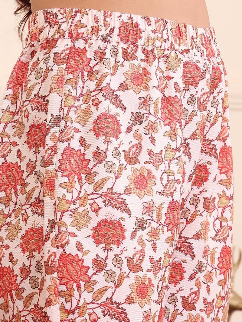 Off White Floral Printed V-Neck Flared Sleeves Straight Kurta With Trousers